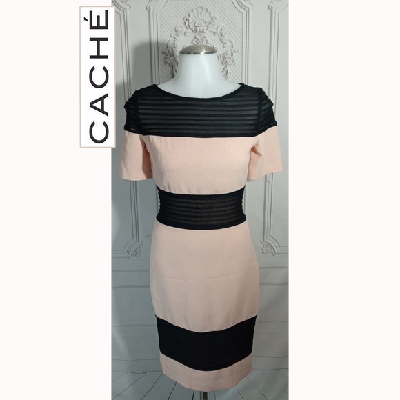 Cache Dresses & Skirts - Cache  Mesh Sheath Midi Salmon Pink & Black Lined Dress Flattering Fitted Sz 0